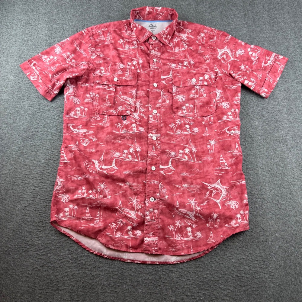IZOD Button Down Shirt Men's Medium Red Tropical Swordfish Saltwater Performance